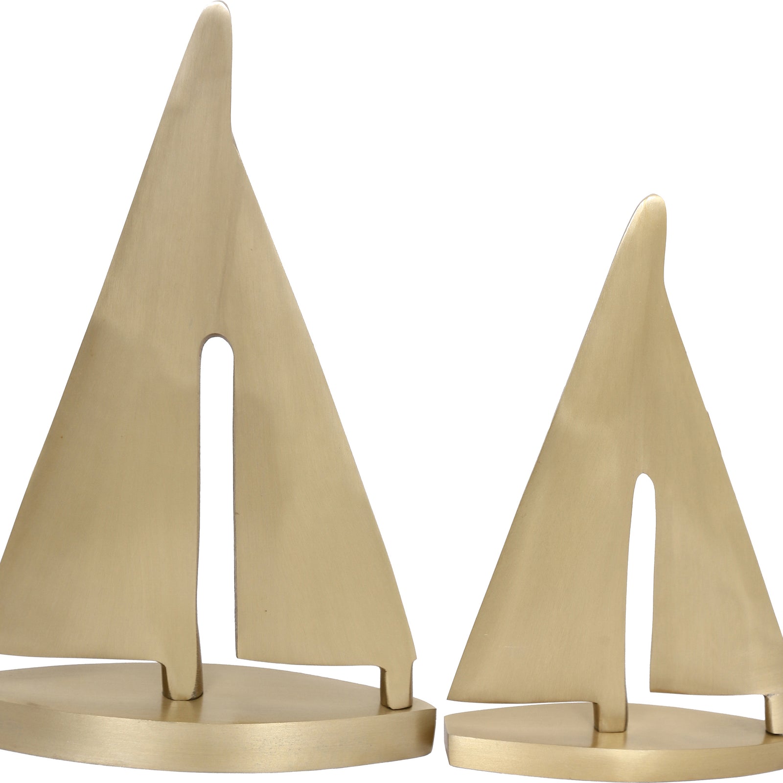 Fable Statue by Renwil, two abstract sailboat sculptures in brushed gold finish.