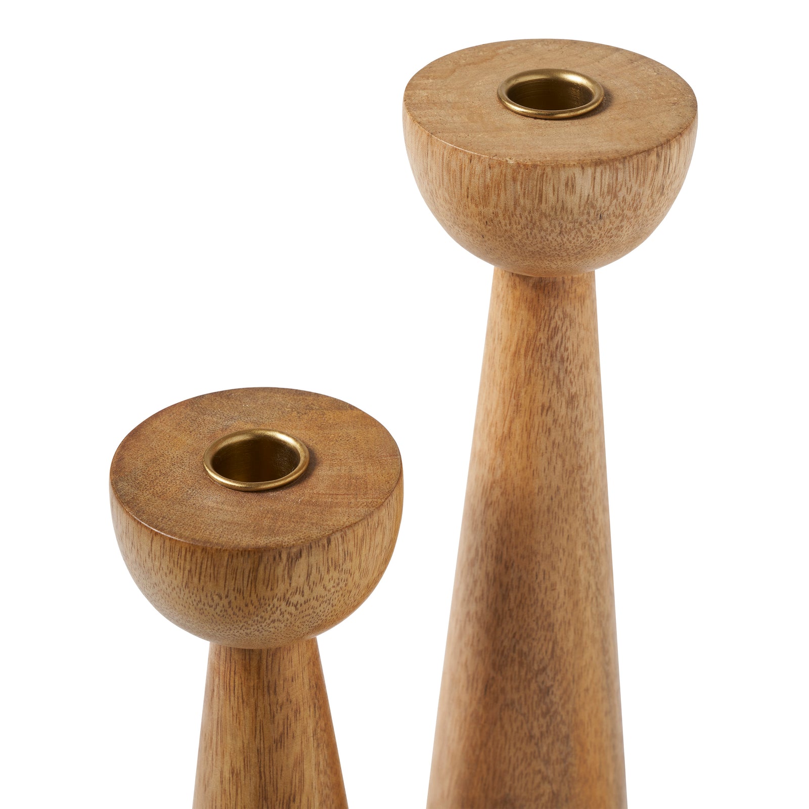 Laurier candle holder set in natural wood finish, featuring two tapered designs.