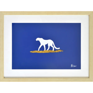 Makalu Wall Art depicting a white silhouette of a walking cat on a blue background with gold highlights.