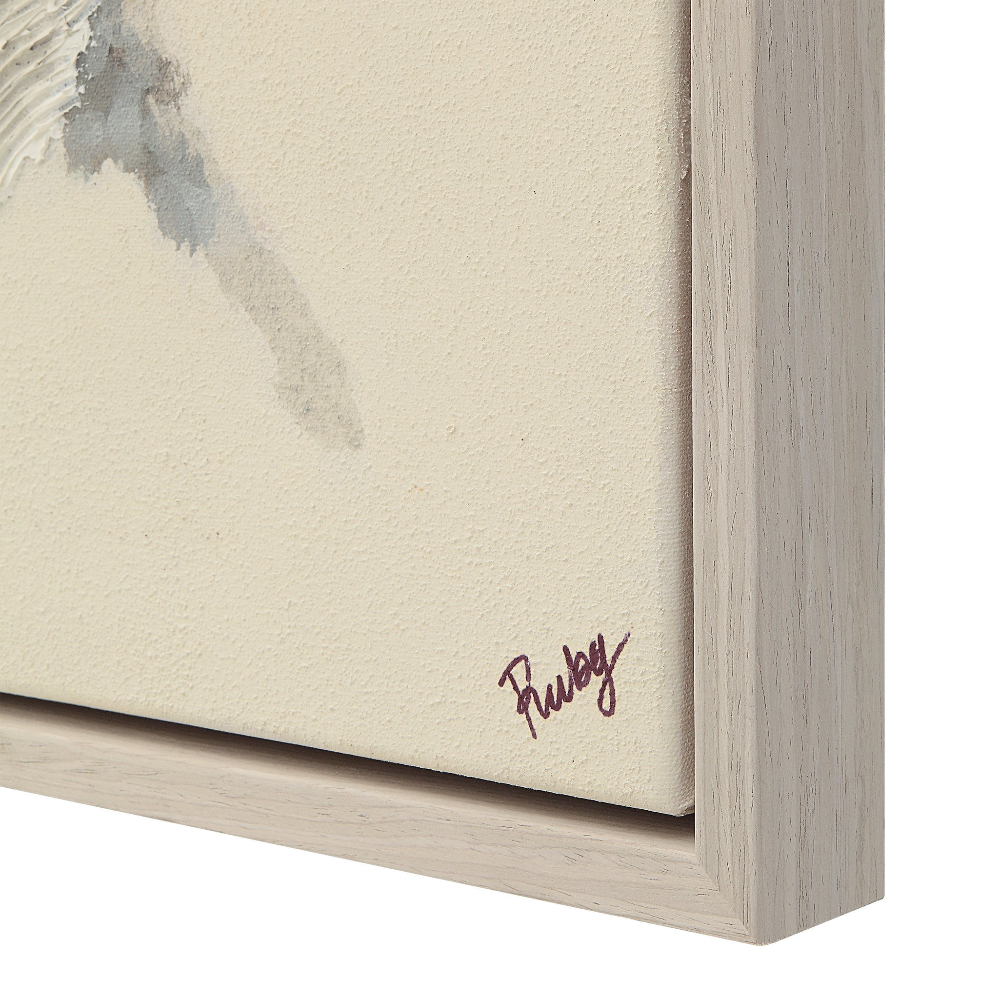 Maputo canvas art featuring soft gray watercolor strokes on a textured cream background, framed in light wood.