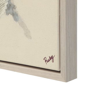 Maputo canvas art featuring soft gray watercolor strokes on a textured cream background, framed in light wood.