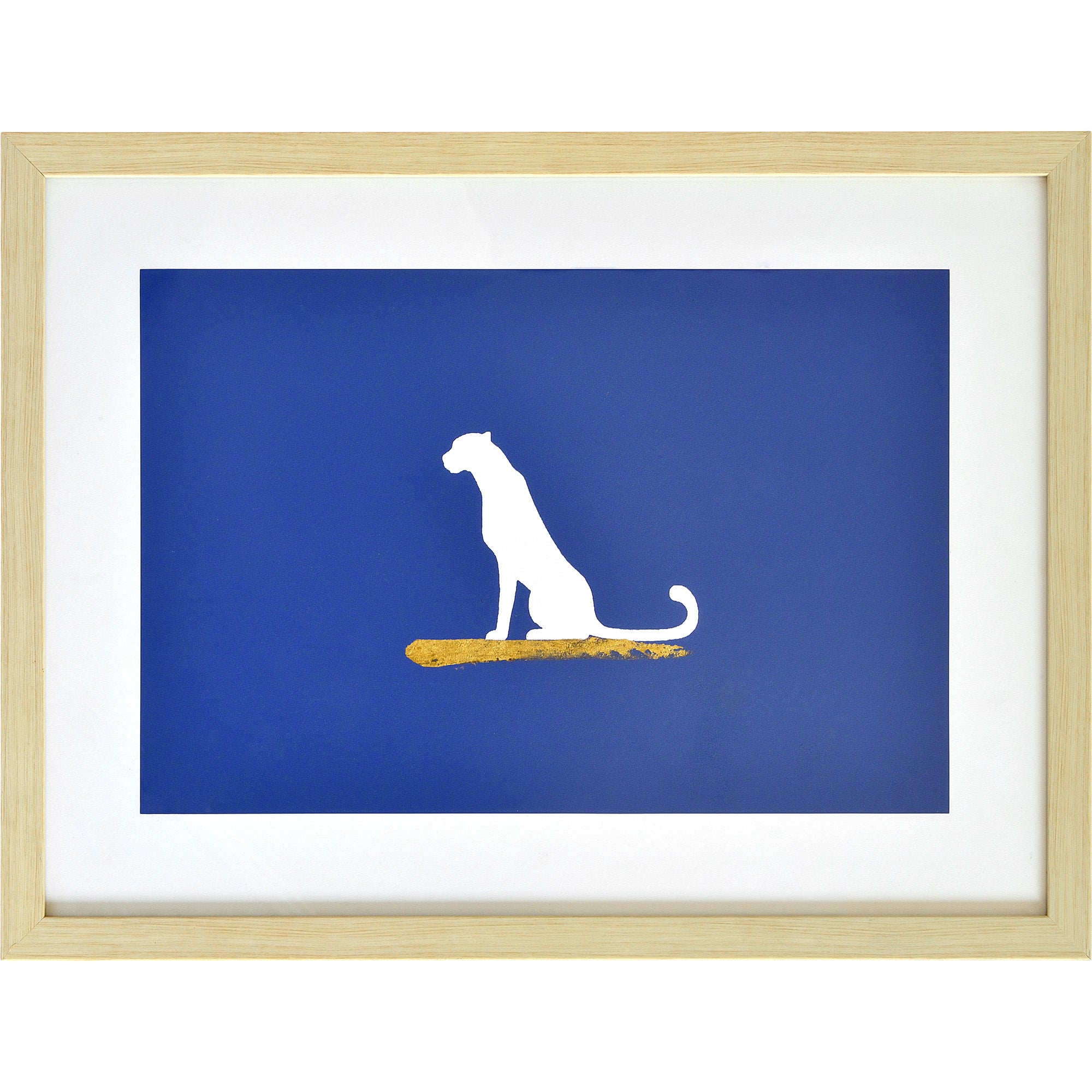 Makalu Wall Art featuring a white dog silhouette on a blue background with gold accents