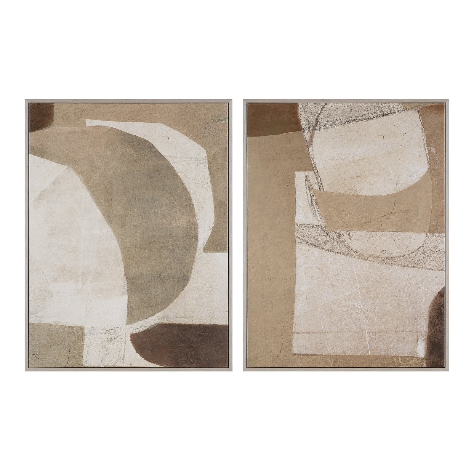 Alcea canvas art featuring abstract shapes in earthy tones, framed in light wood.