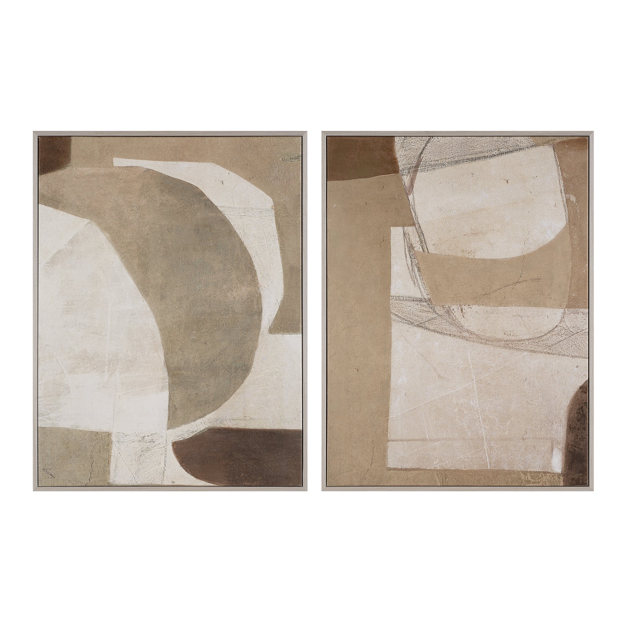 Alcea canvas art featuring abstract shapes in earthy tones, framed in light wood.