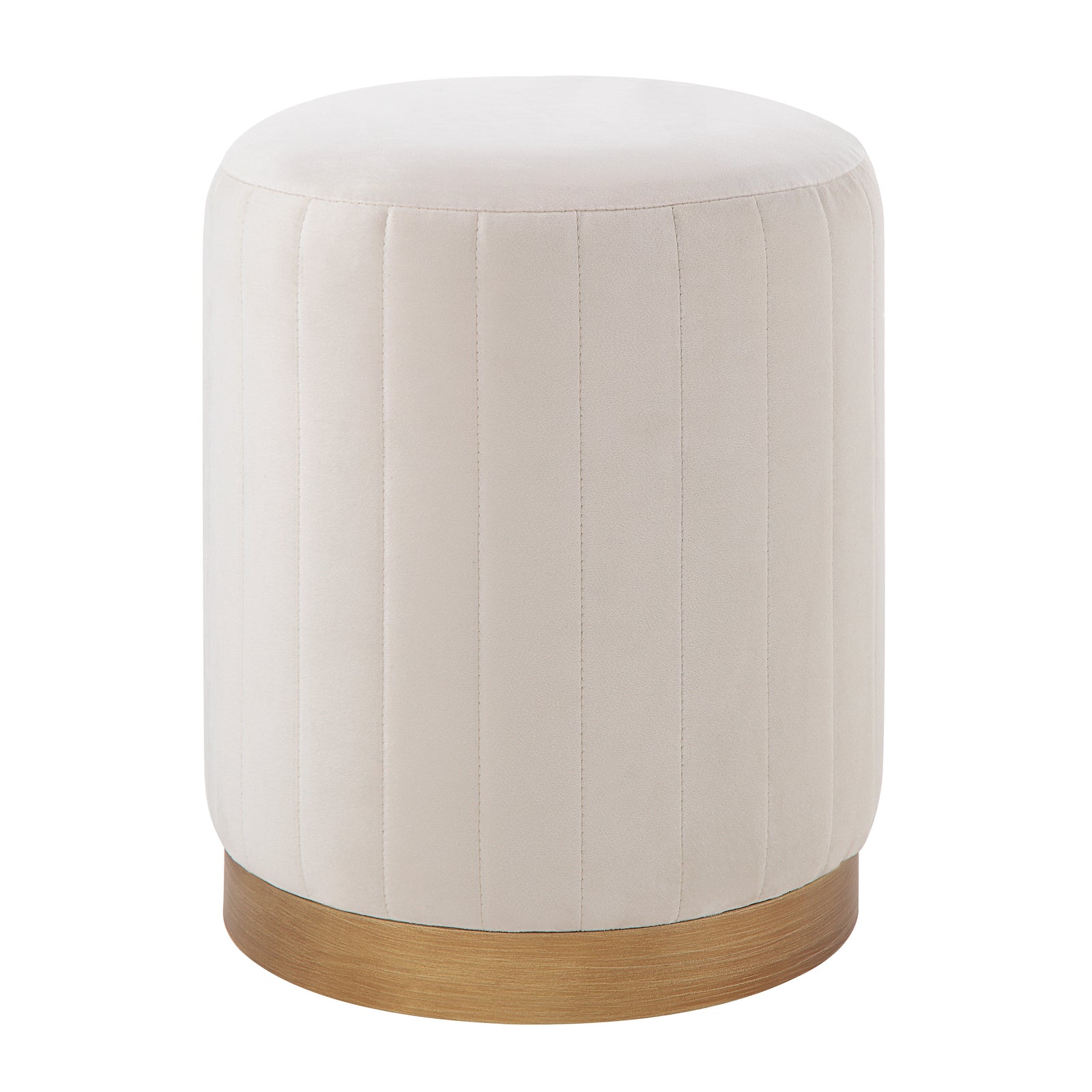 Baylor Ottoman in soft beige velvet with vertical stitching and gold base