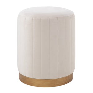 Baylor Ottoman in soft beige velvet with vertical stitching and gold base