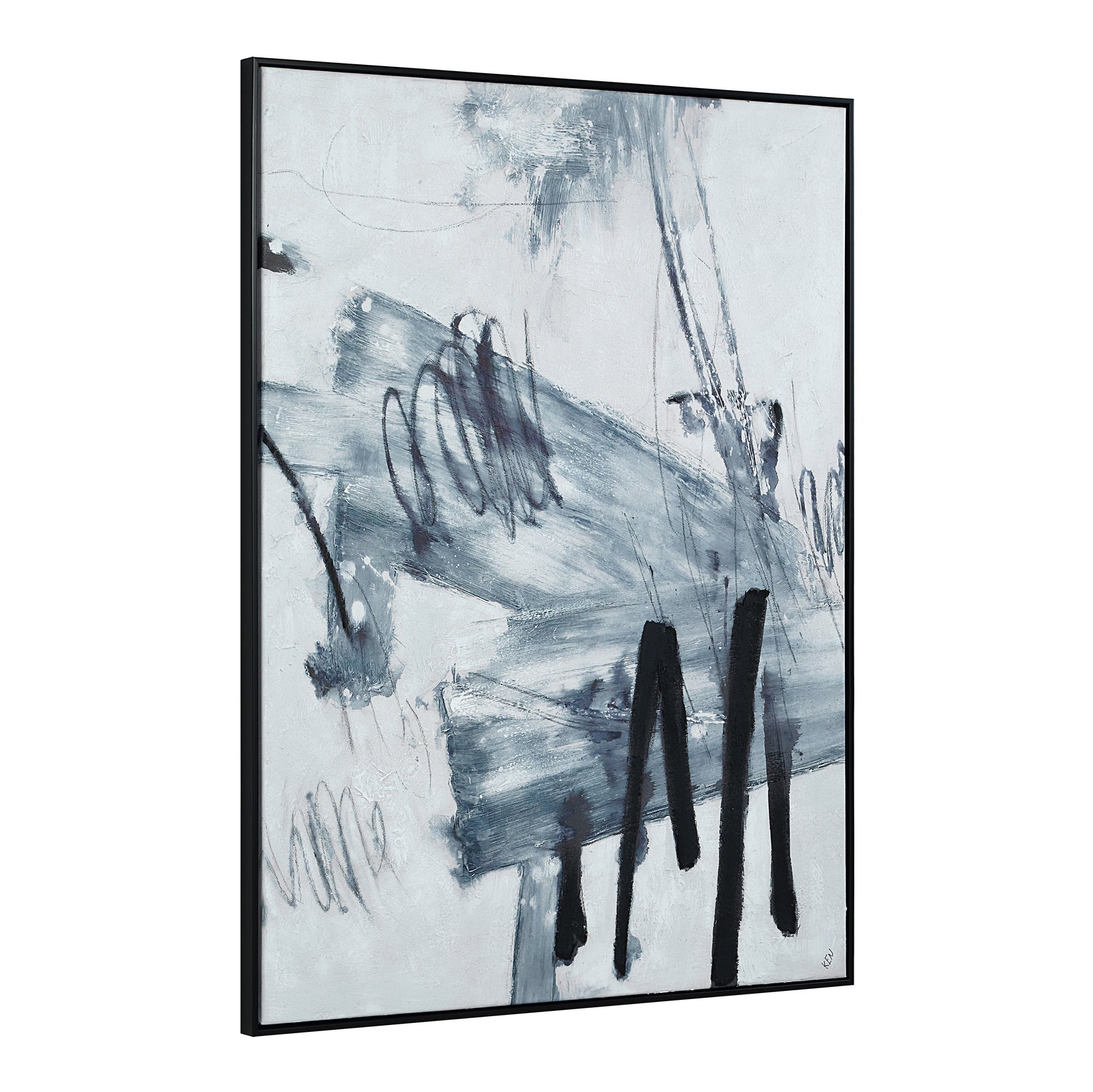 Senso canvas art featuring abstract blue and gray brush strokes with black lines.