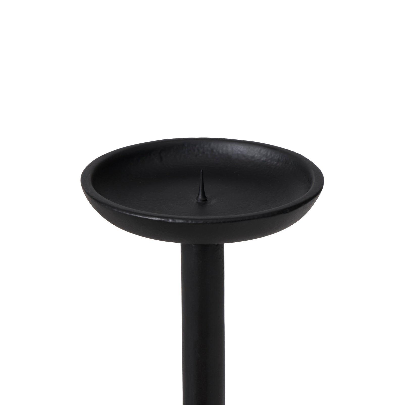 Agra candle holder in black metal with a tall, slender design and a three-legged base.