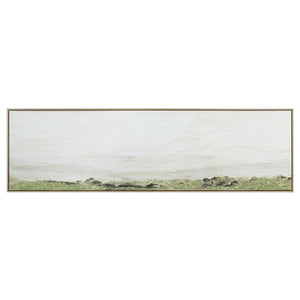 Valle canvas art featuring a serene landscape with soft green hues and textured white background