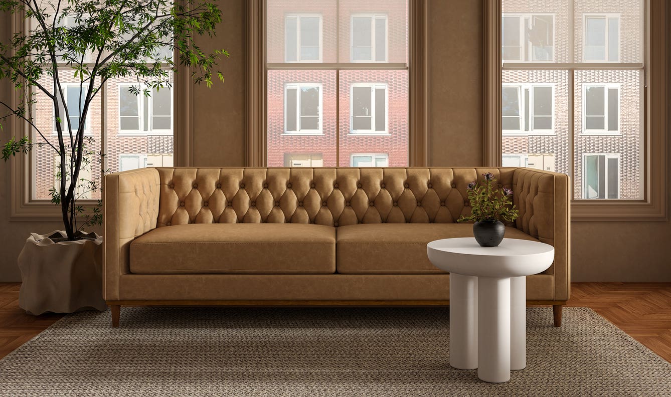 front view of Fielder Sofa Tan Leather luxury Sofa