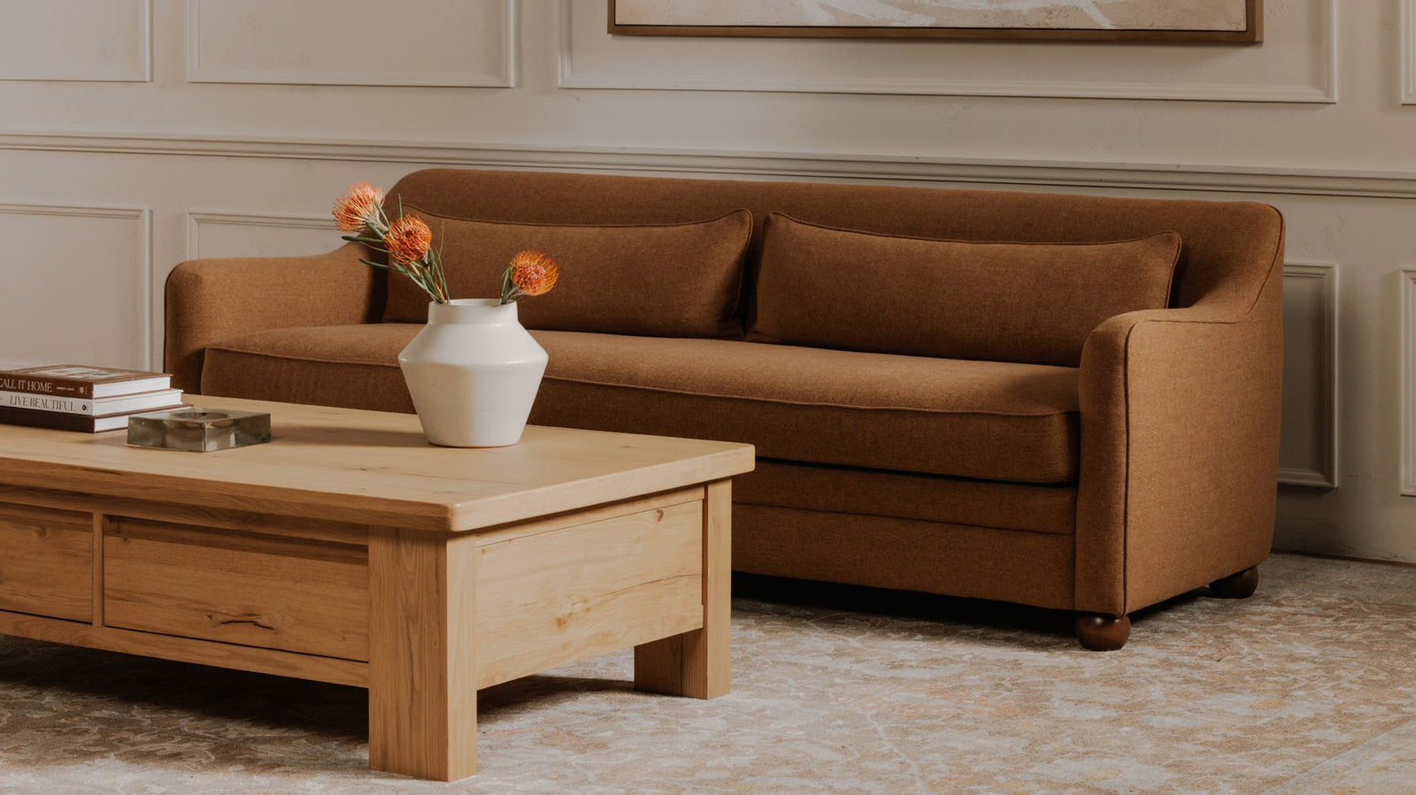 front view of Amira Sofa Rust luxury Sofa