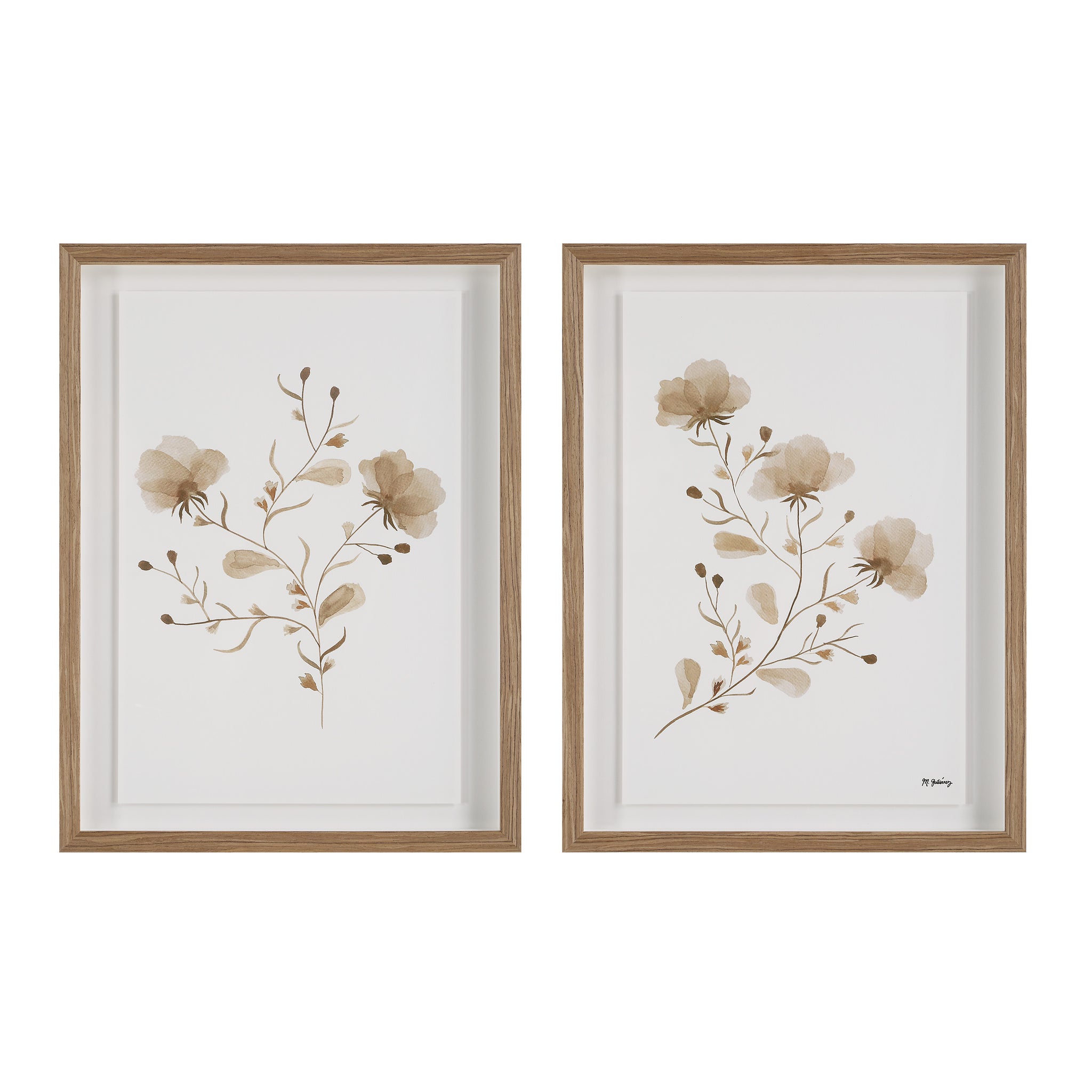Madalena wall art featuring two floral prints in beige tones with light wood frames.