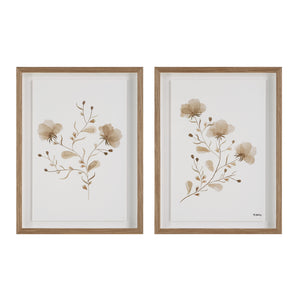 Madalena wall art featuring two floral prints in beige tones with light wood frames.