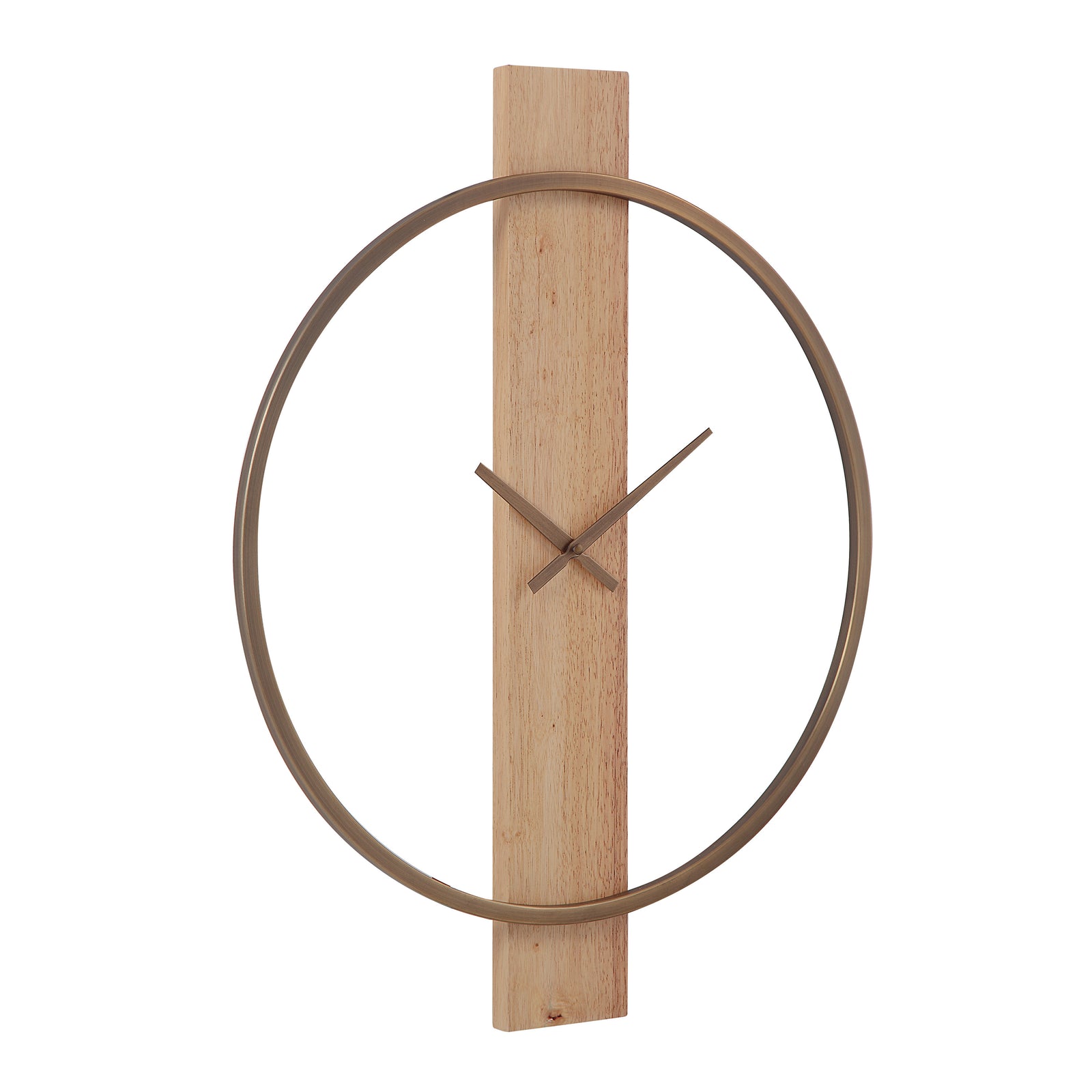 Pollux Wall Clock with a circular gold frame and wooden vertical base.