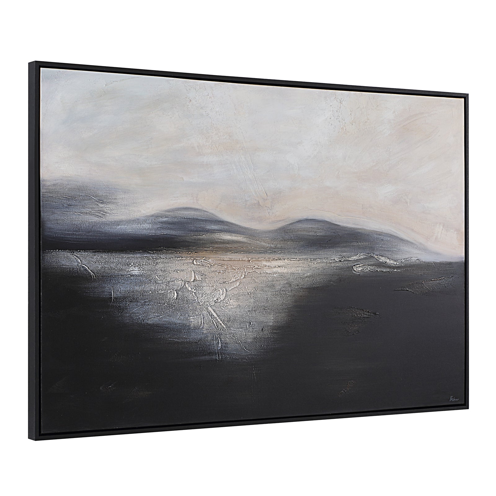 Suez canvas art featuring abstract landscape in black and gray tones with textured details.