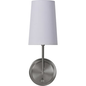 Hydra Wall Sconce with a white fabric shade and brushed nickel arm, mounted on a circular backplate.