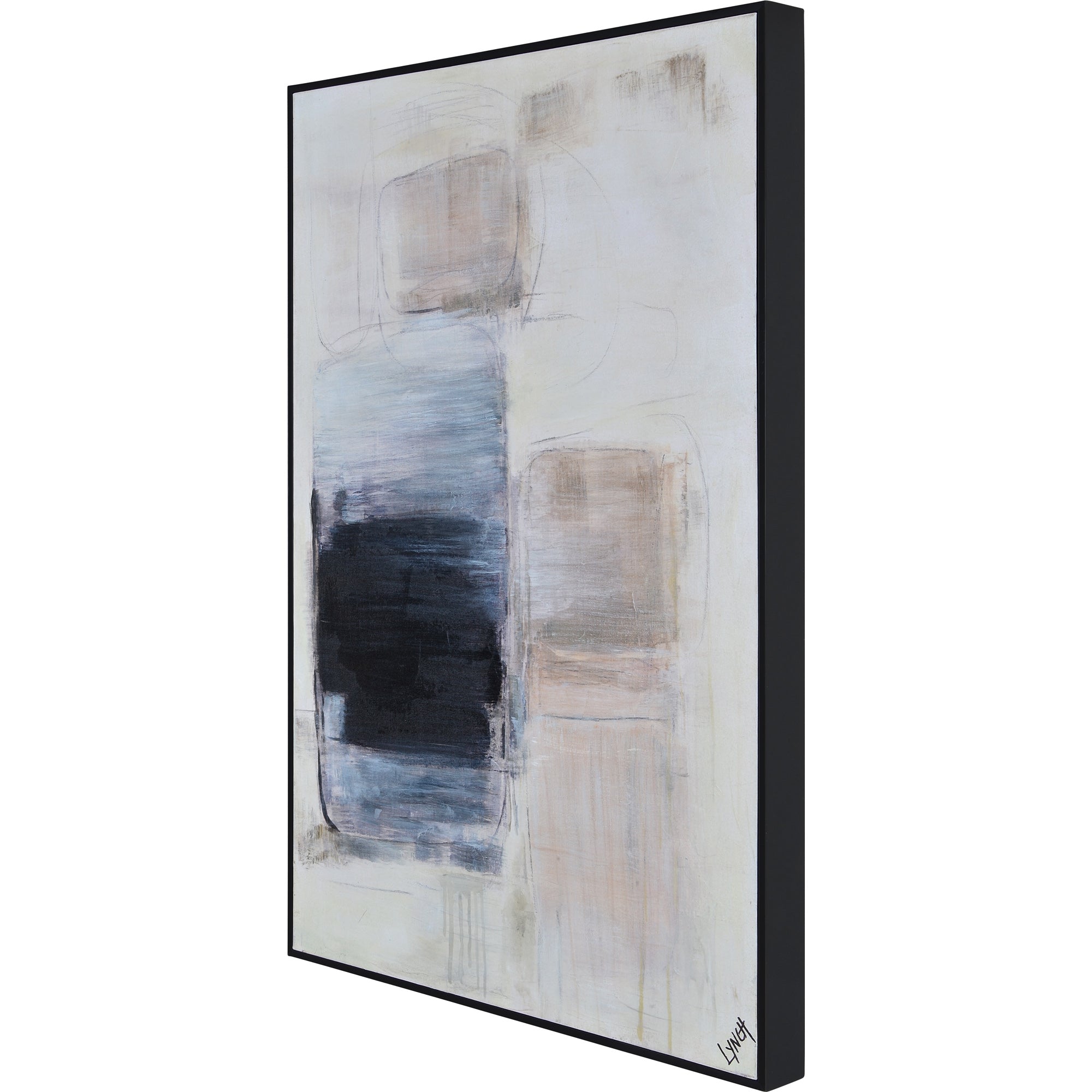Leclaire canvas art displayed at an angle, showcasing abstract blue and black shapes with beige accents.