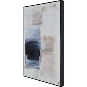 Leclaire canvas art displayed at an angle, showcasing abstract blue and black shapes with beige accents.