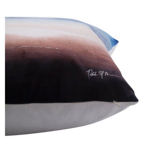 Finch indoor pillow side view showcasing watercolor pattern and signature detail.