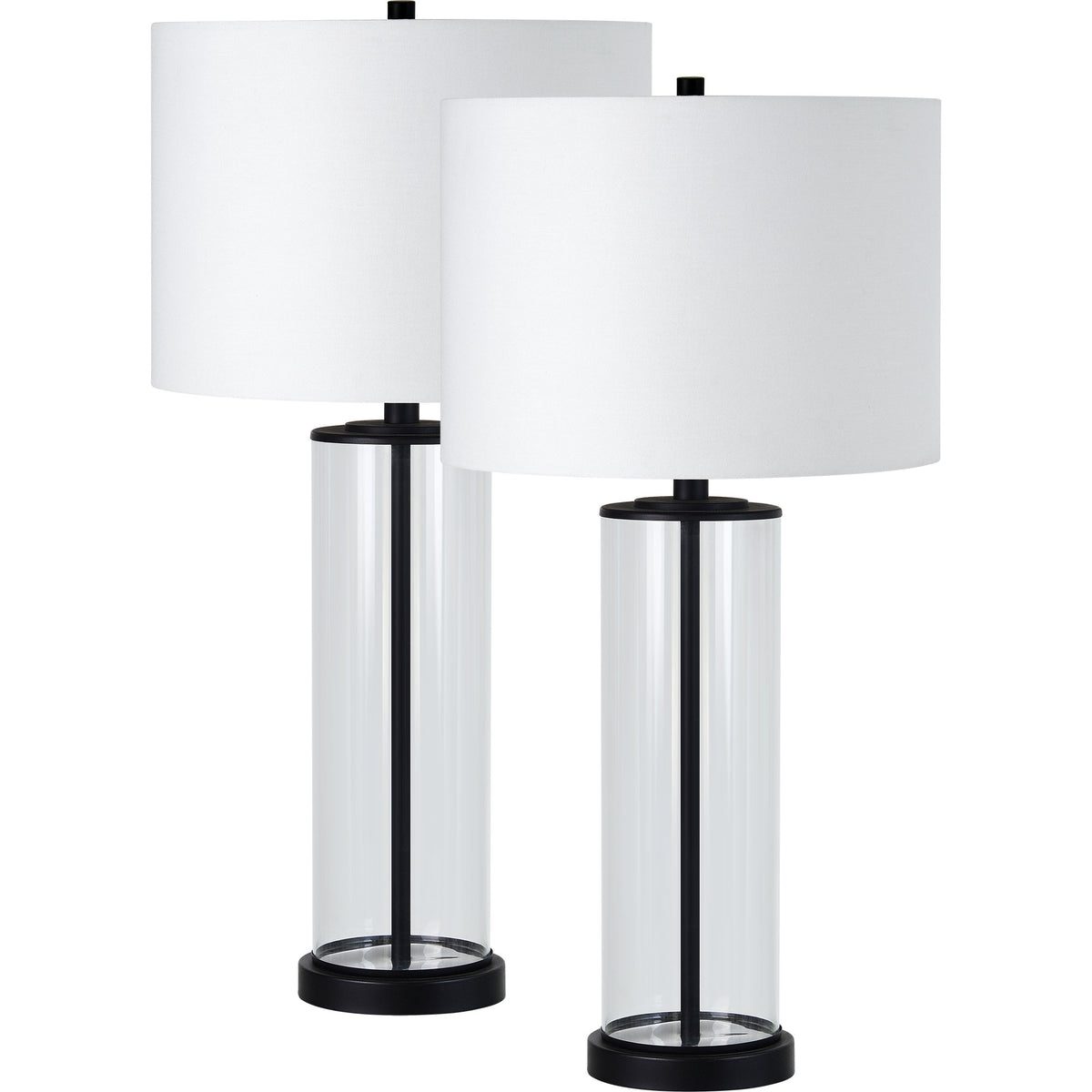 Desdemona Table Lamp Set featuring two lamps with white fabric shades and clear glass bases.
