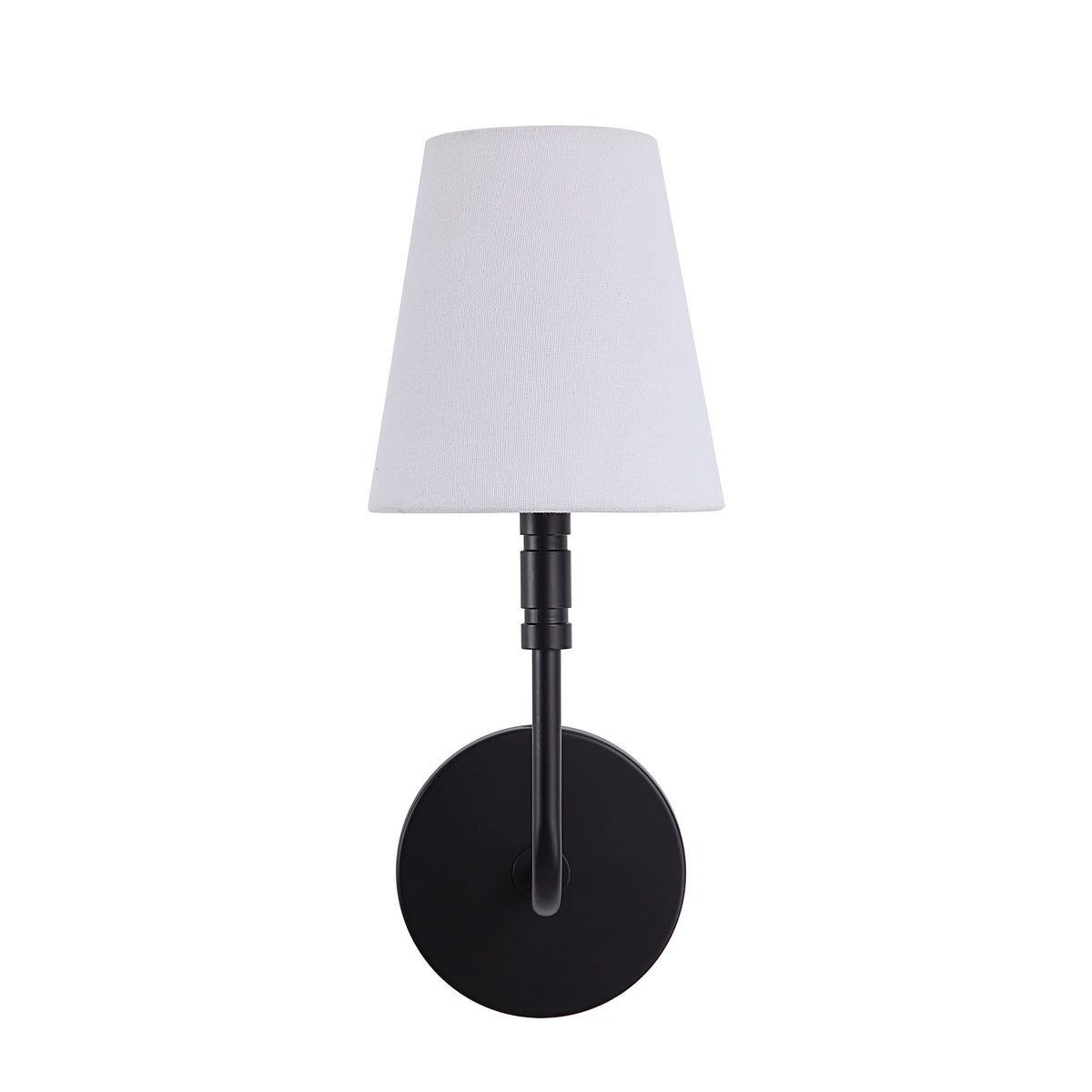 Andi Wall Sconce in black with a white fabric shade, mounted on a round base.