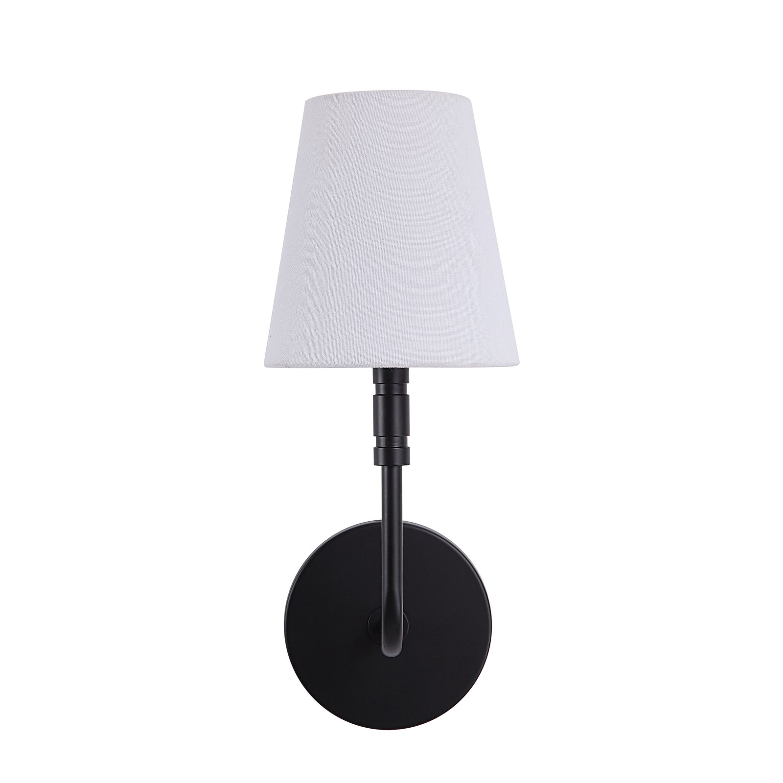 Andi Wall Sconce in black with a white fabric shade, mounted on a round base.