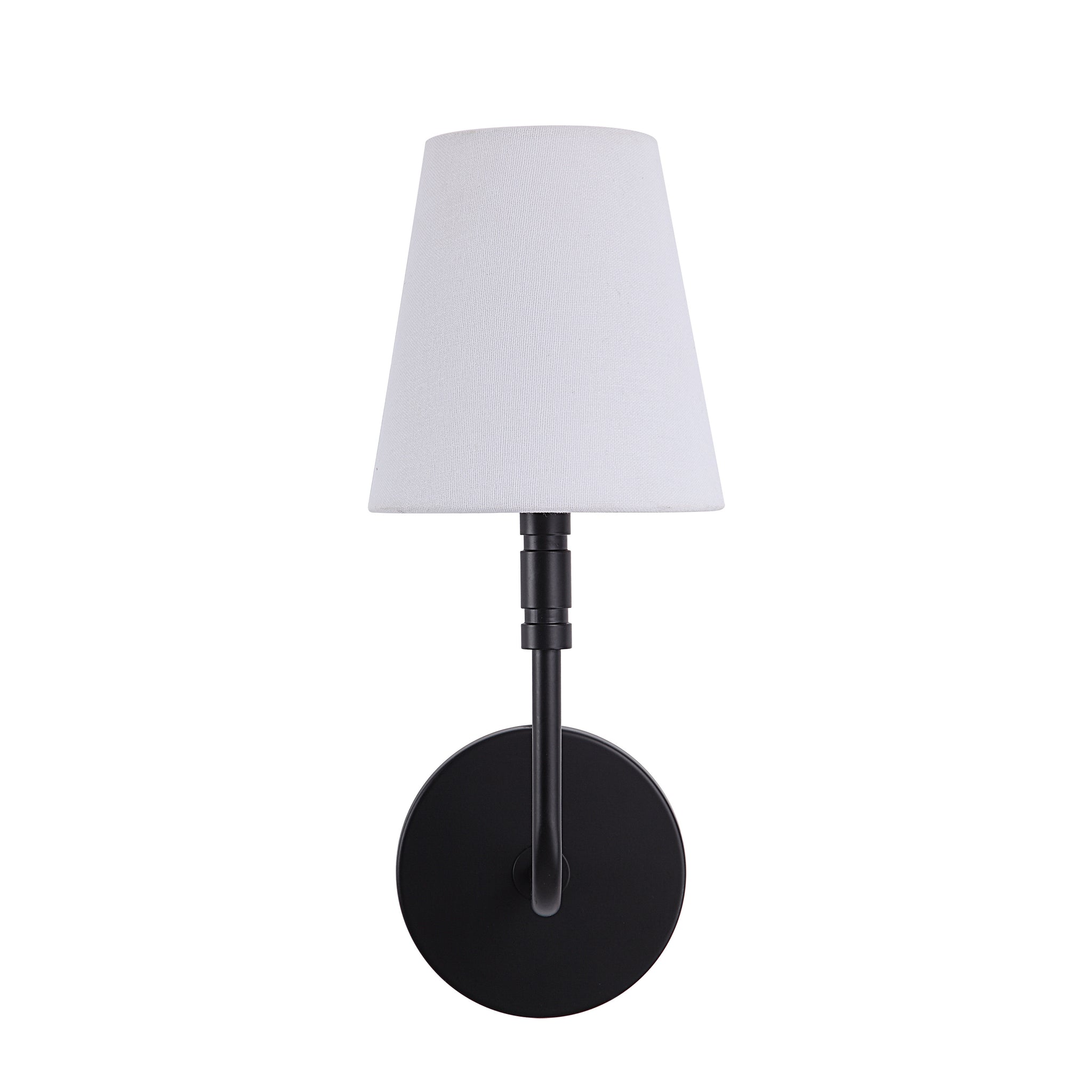 Andi Wall Sconce in black with a white fabric shade, mounted on a round base.
