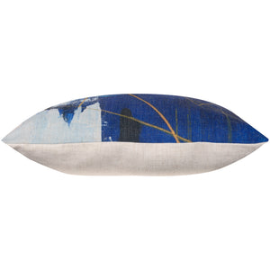 Side view of Kasson Indoor Pillow displaying blue and beige fabric
