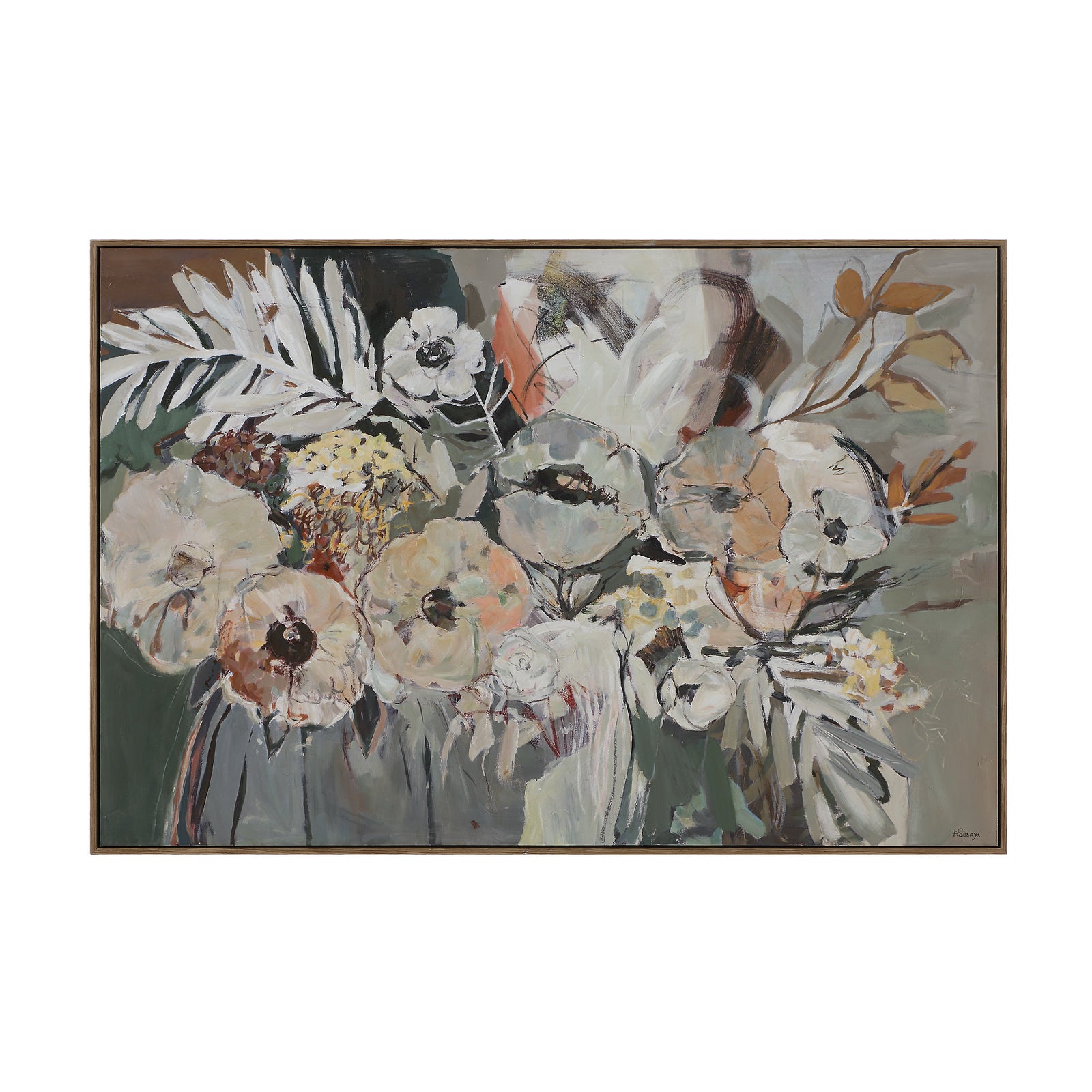 Paine canvas art featuring a floral arrangement with soft colors and abstract leaves.