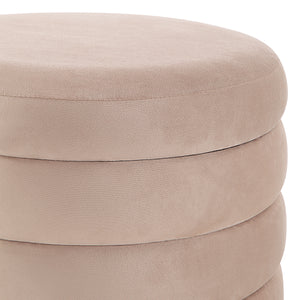 Close-up of Lloyd Storage Ottoman in beige, highlighting its plush texture.