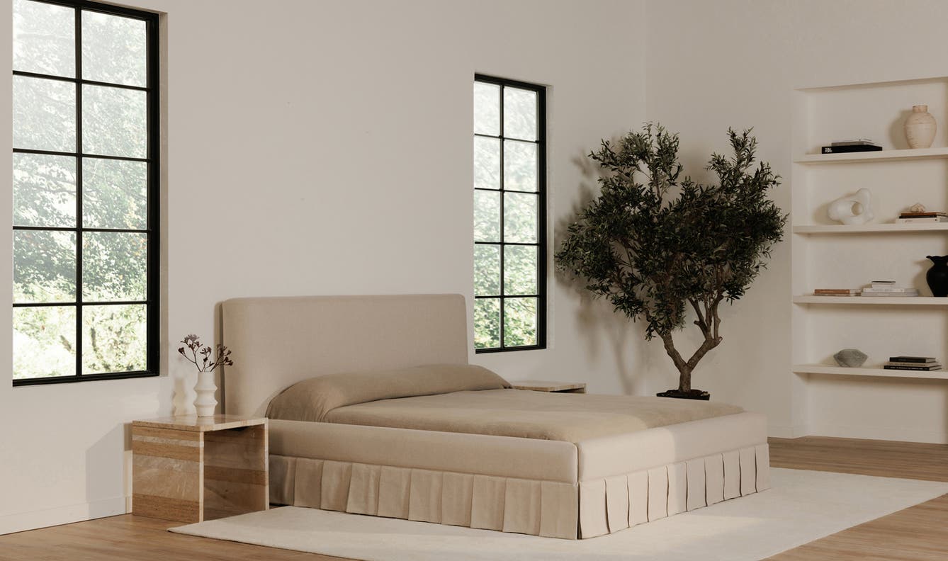 angle view of Maren King Bed Beige luxury Beds & Bed Fram