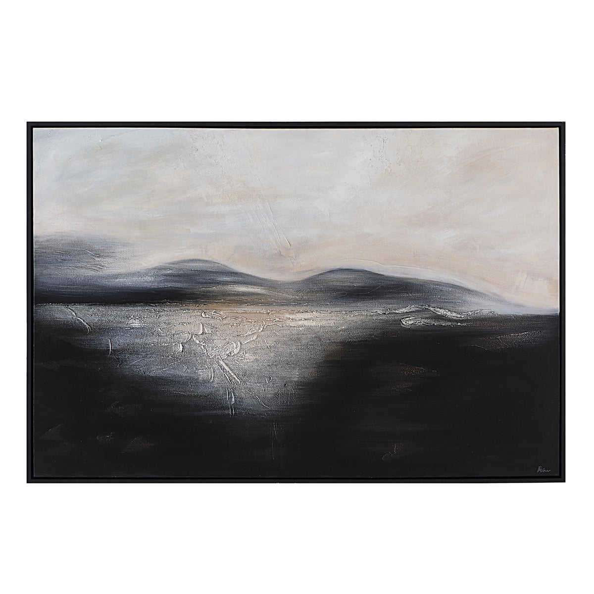 Suez canvas art featuring abstract landscape in black and gray tones with textured details.