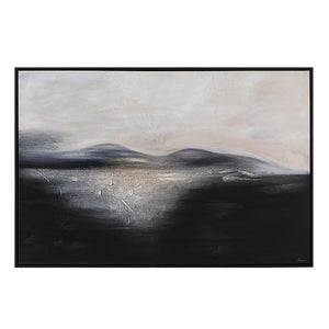 Suez canvas art featuring abstract landscape in black and gray tones with textured details.