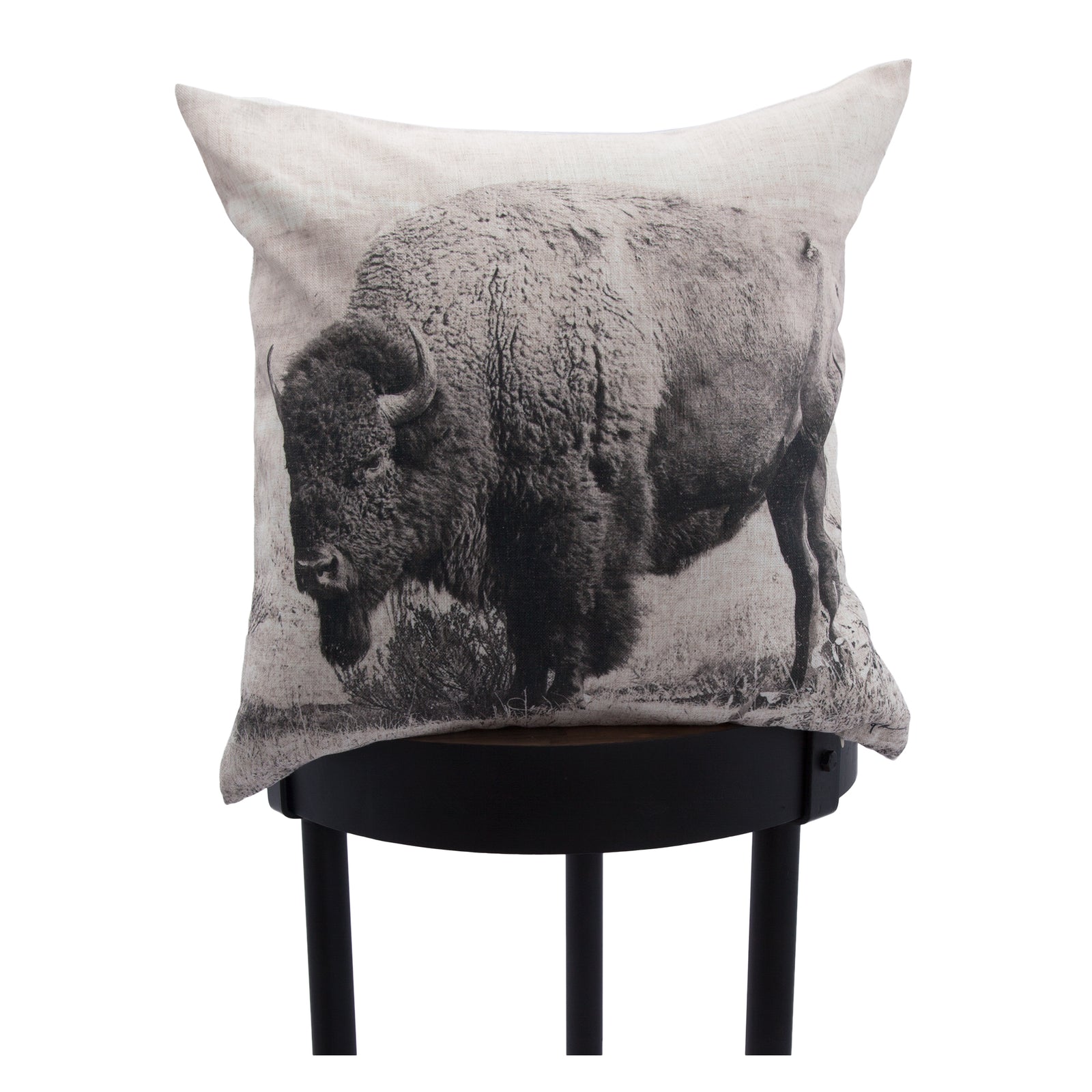 Russ indoor pillow featuring a black and white buffalo graphic on a textured fabric.