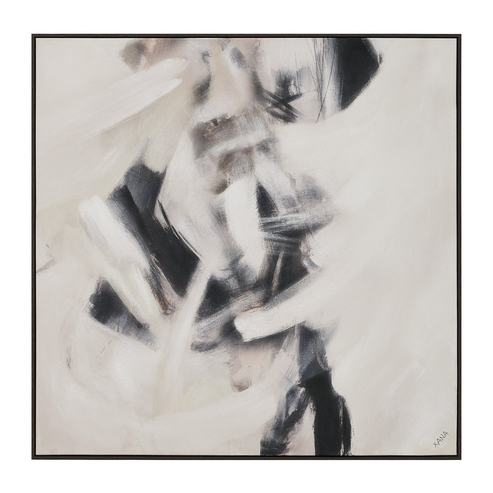 Clary canvas art featuring abstract black and white brush strokes on a light background