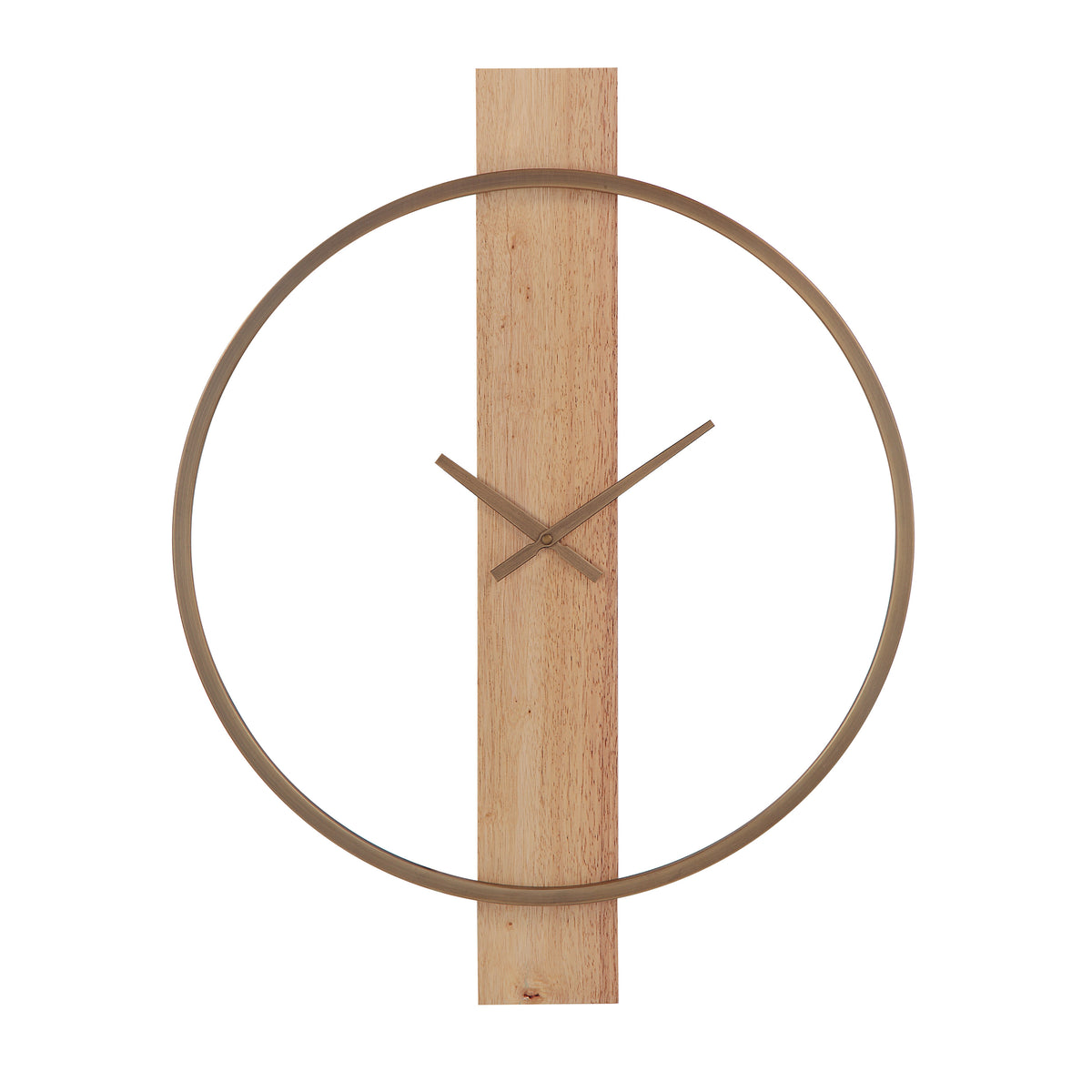 Pollux Wall Clock with a circular gold frame and wooden vertical base.
