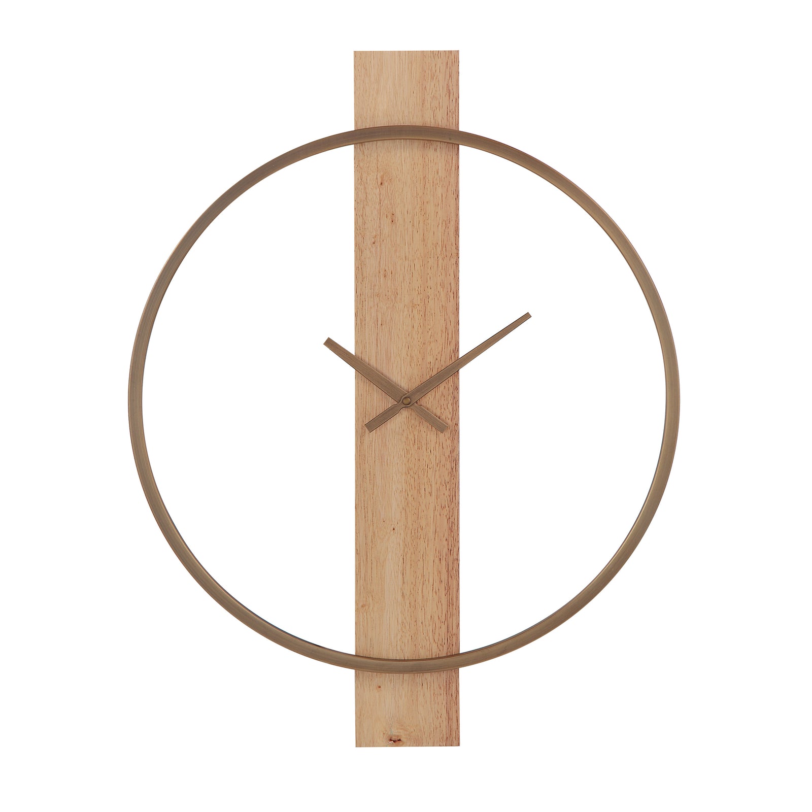 Pollux Wall Clock with a circular gold frame and wooden vertical base.