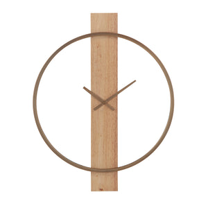 Pollux Wall Clock with a circular gold frame and wooden vertical base.
