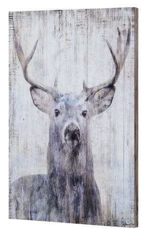 Gaze Wall Art showing a deer portrait with antlers against a rustic wood backdrop.