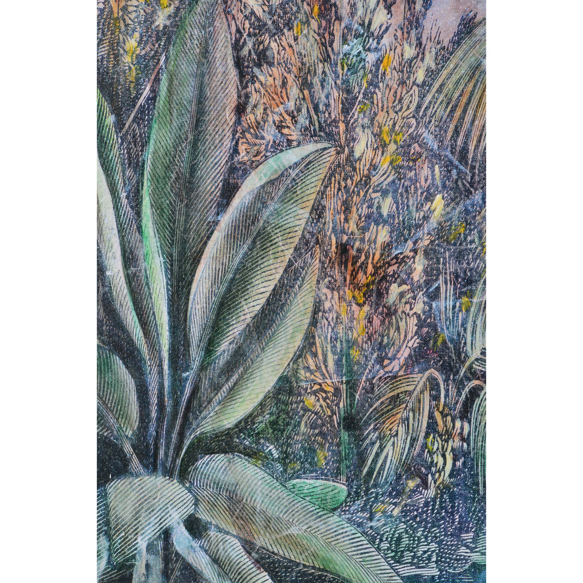 Close-up of Labyrinth Canvas Art highlighting detailed tropical leaves and colors.