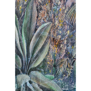 Close-up of Labyrinth Canvas Art highlighting detailed tropical leaves and colors.