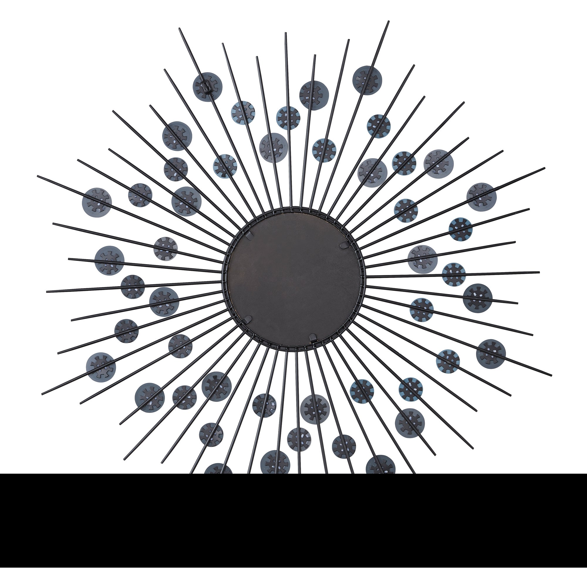 Maryam Wall Mirror with black rays and dark circular accents, unique design.