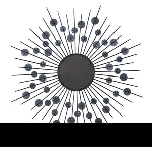 Maryam Wall Mirror with black rays and dark circular accents, unique design.
