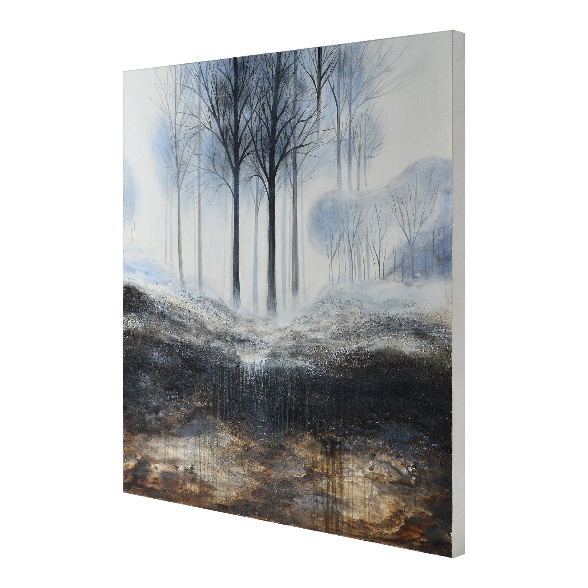 Rainier Canvas Art side view showcasing a misty forest scene with dark and light contrasts.