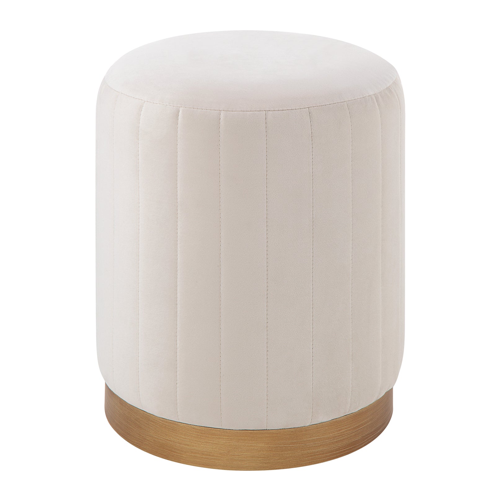 Baylor Ottoman in soft beige velvet with vertical stitching and gold base