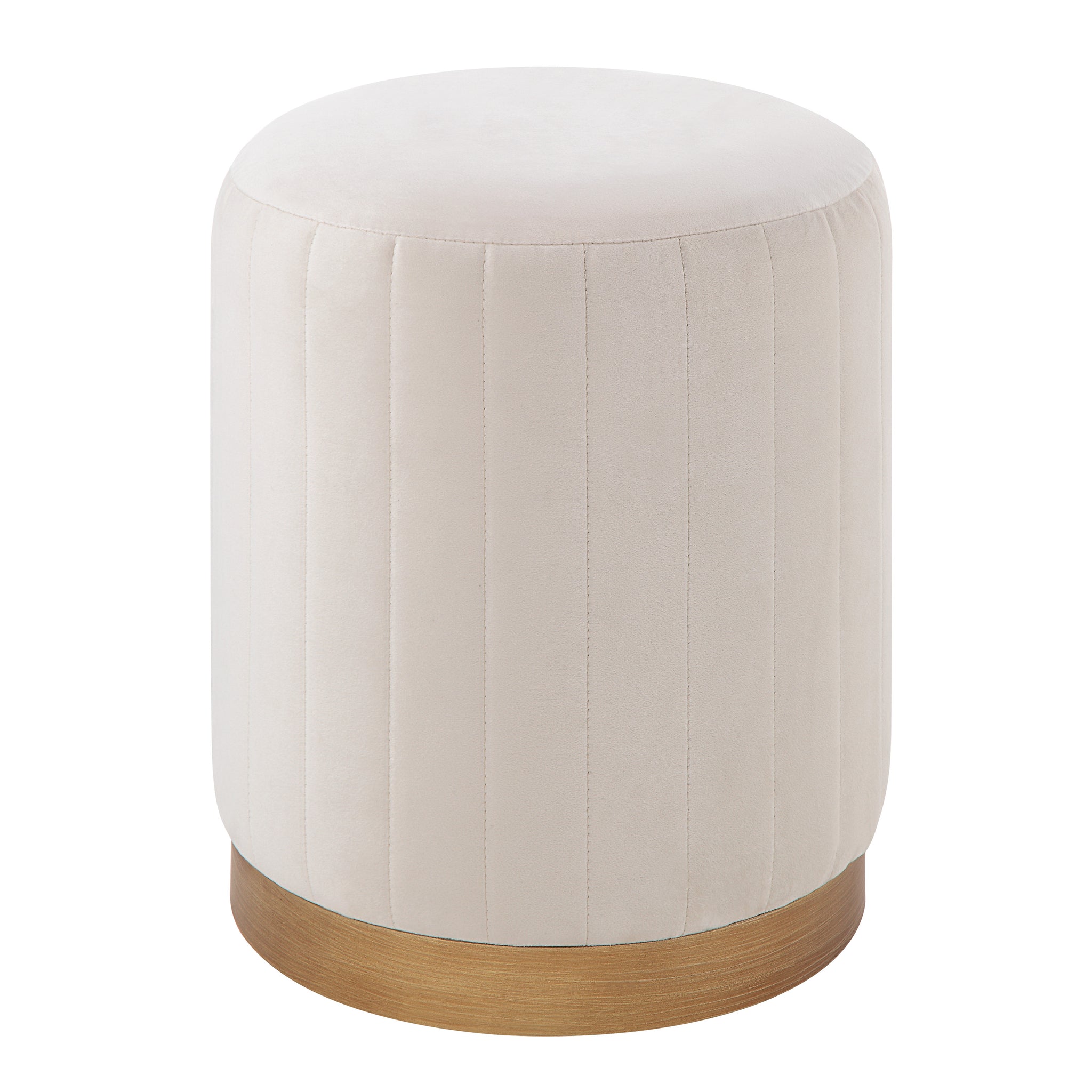 Baylor Ottoman featuring plush beige upholstery and a sleek gold bottom