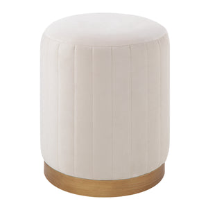 Baylor Ottoman featuring plush beige upholstery and a sleek gold bottom