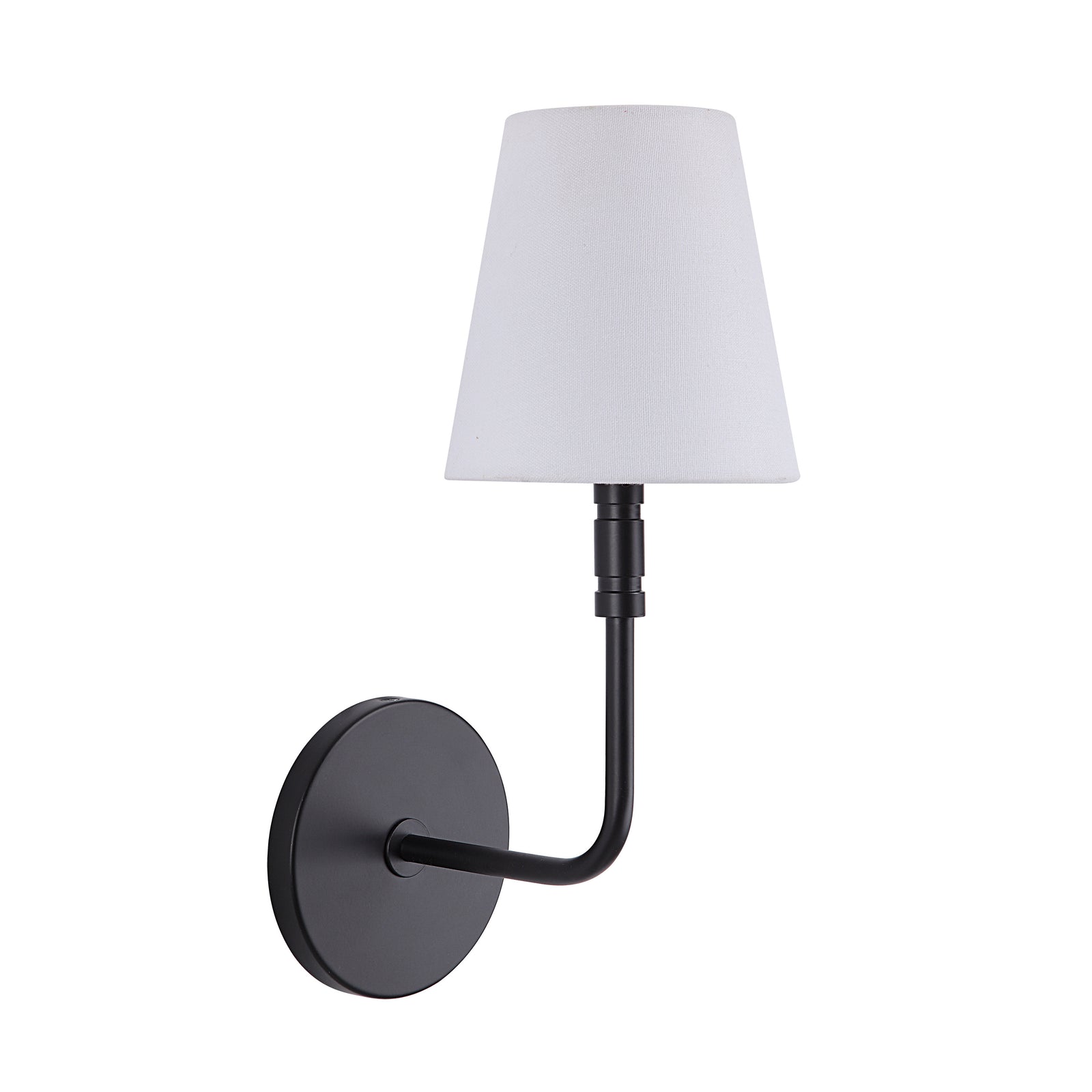 Andi Wall Sconce in black with a white fabric shade, mounted on a round base.