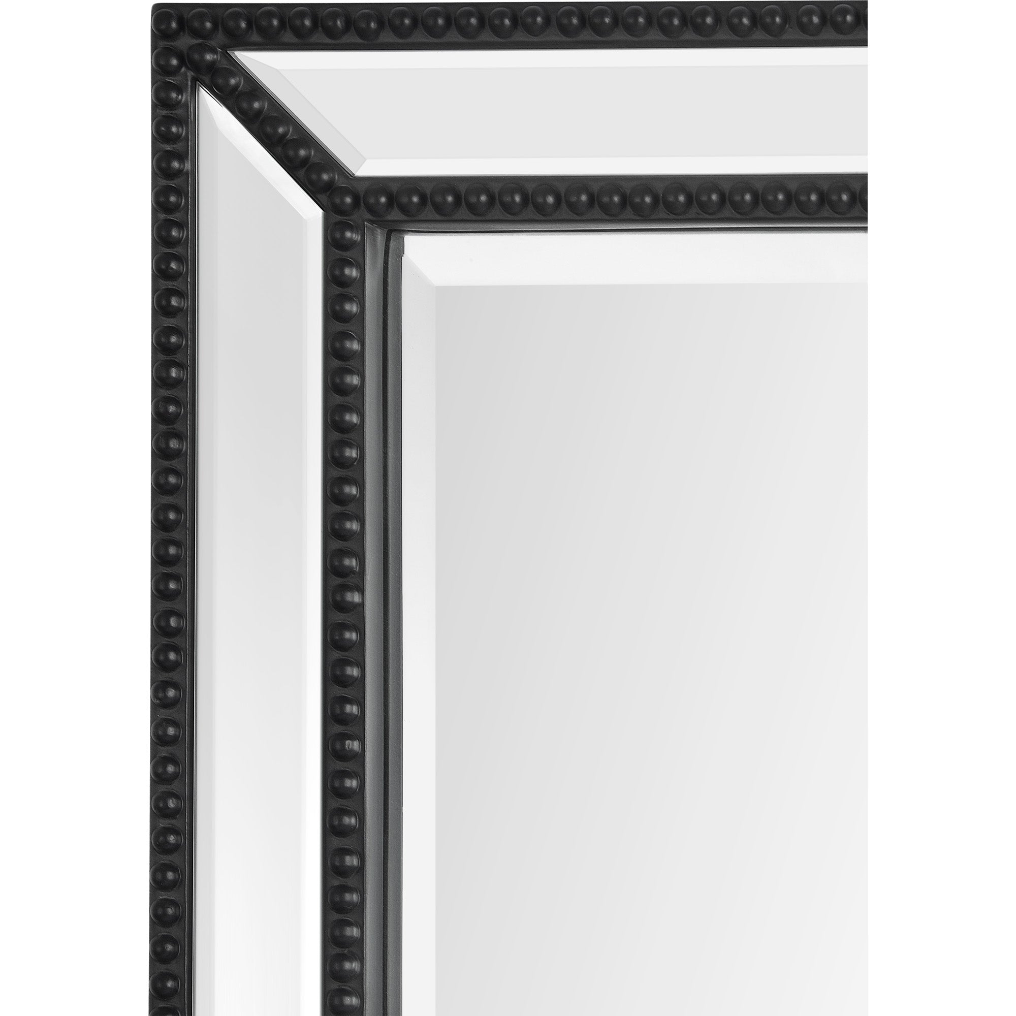 Close-up of the Waterloo Wall Mirror's black frame with beaded accents and reflective glass.