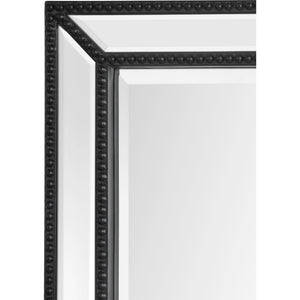 Close-up of the Waterloo Wall Mirror's black frame with beaded accents and reflective glass.
